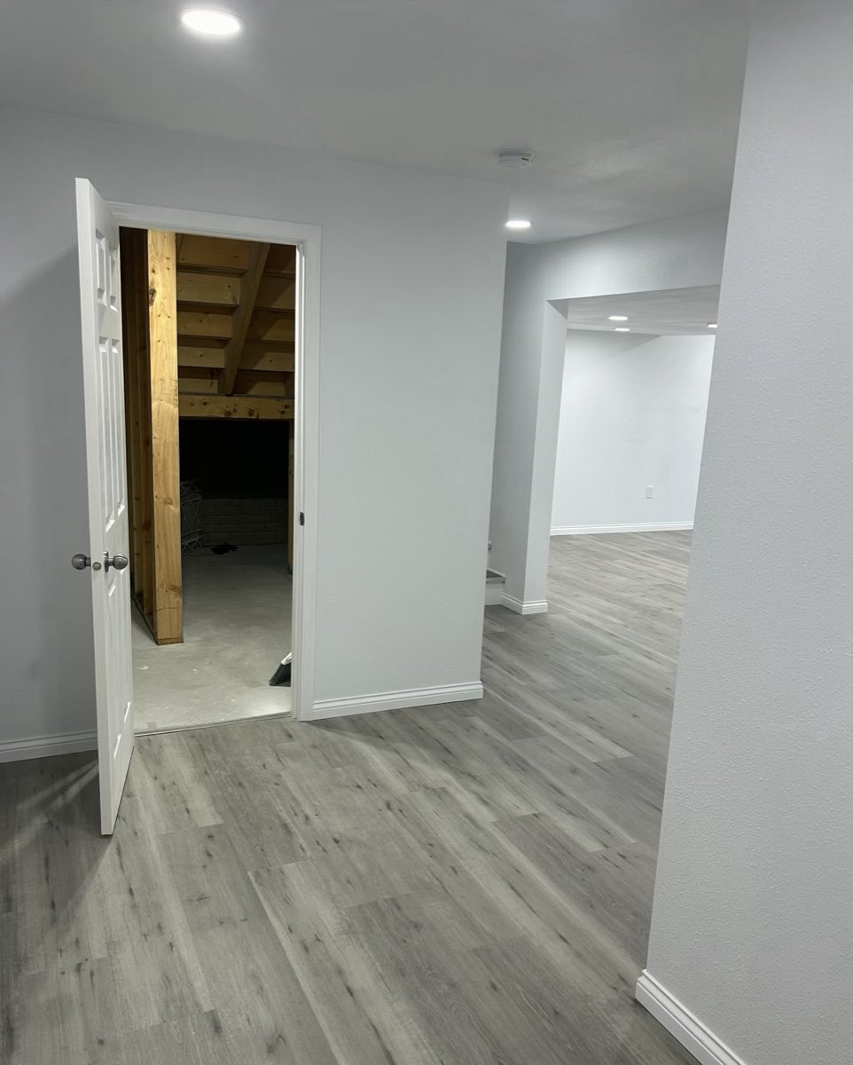 Finished basement hallway with a new door opening into the unfinished storage area